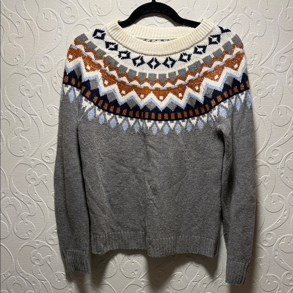 J. Crew Gray and White Patterned Crewneck Sweater